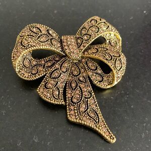 Large Bow Brooch with Open Work Filigree, Antique Gold Finish
